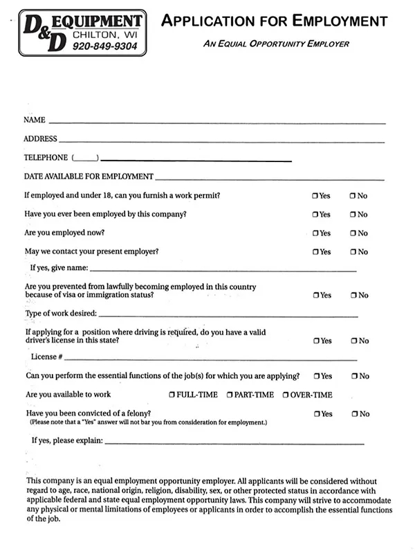 D&D Equipment Application for Employment
